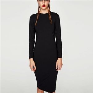ZARA WOMENS MIDI BODYCON DRESS BLACK SIZE MEDIUM EXPOSED HEM STRETCHY